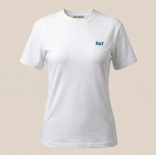 Voedingsshirt wit met ritsen en blauw groen B&T logo Boob en Tet