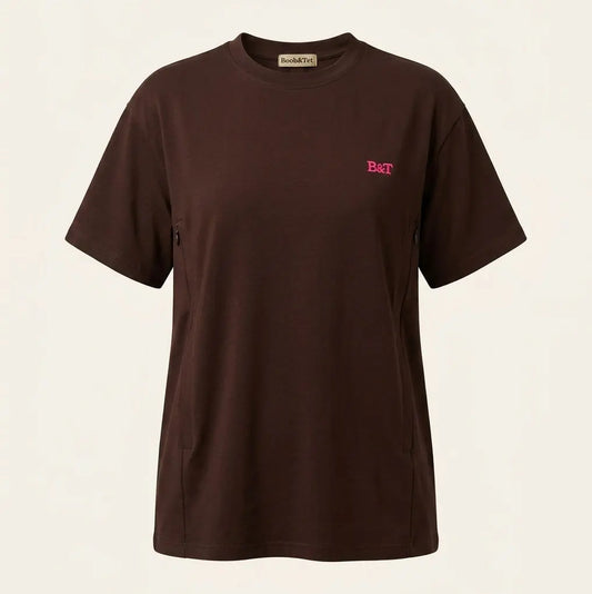 Voedingsshirt bruin met blinde ritsen en Fluor roze B&T logo Boob en Tet