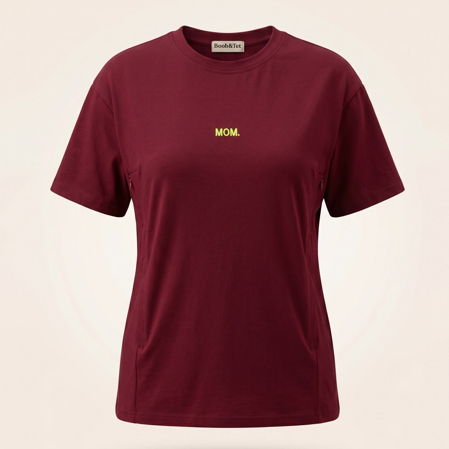 Boob en tet voedingsshirt burgundy met verborgen ritsen en fluor geel MOM. logo