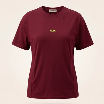 Boob en tet voedingsshirt burgundy met verborgen ritsen en fluor geel MOM. logo