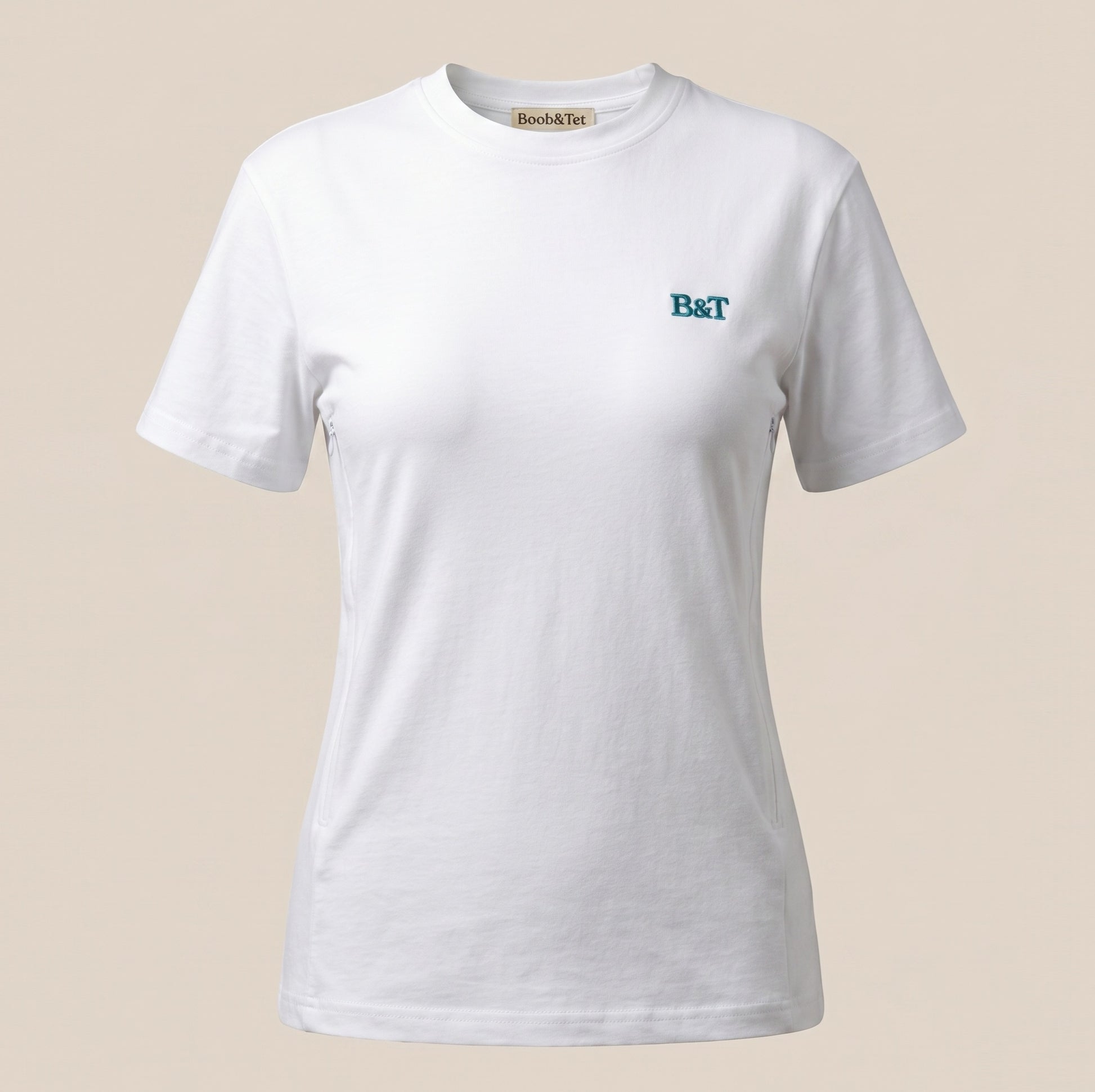 Voedingsshirt wit met ritsen en blauw groen B&T logo Boob en Tet